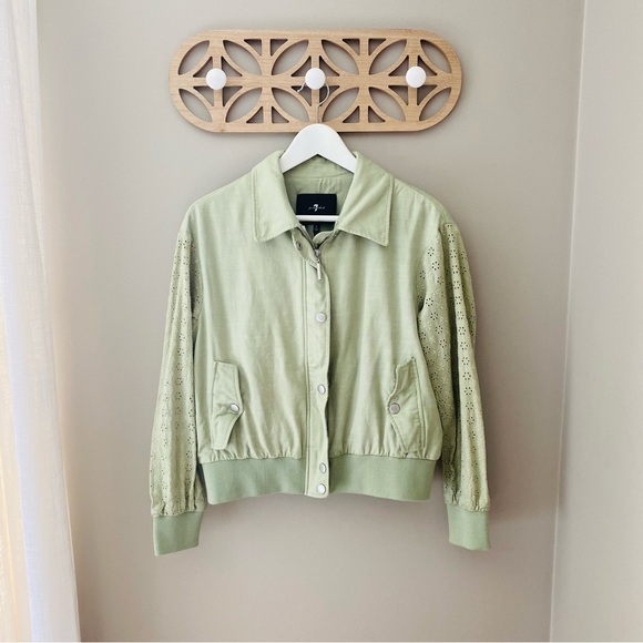 7 For All Mankind Eyelet Sleeve Bomber Jacket Green Sz Small - Picture 1 of 10